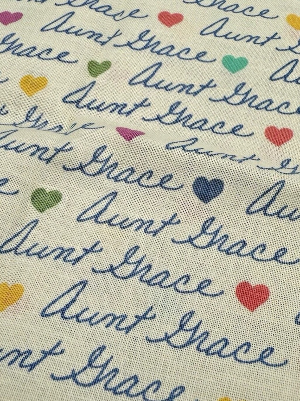 Marcus Brothers Textiles OOP To Aunt Grace 2006 Spell Out Print Cotton 19"x44"